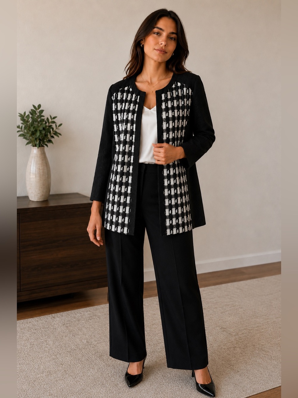 Chico's Black & White Novelty Fabric Mix blazer Sz 2 large
